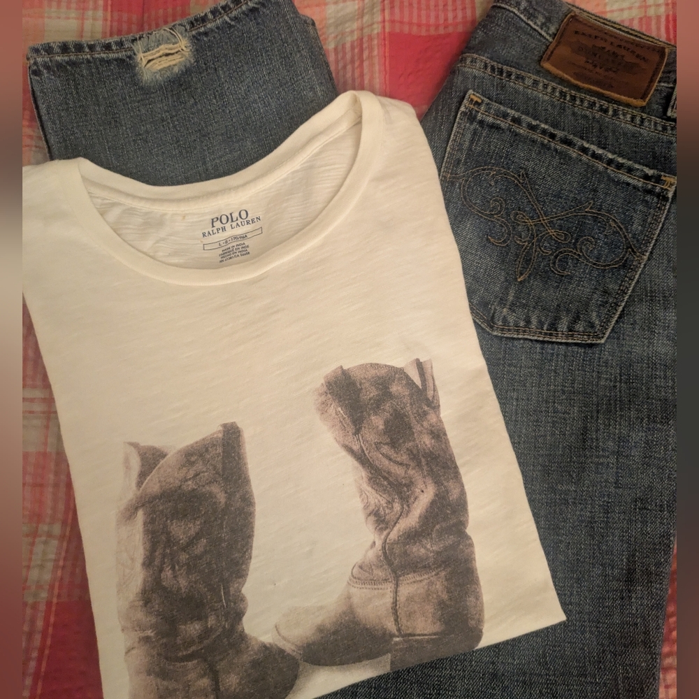 Women's Vintage Ralph Lauren Polo Dungaree Blue Jeans With A Polo T-shirt.